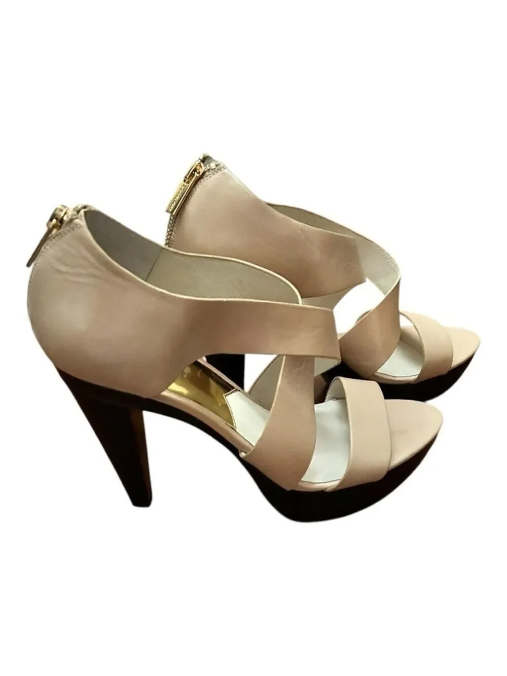 MICHAEL KORS Elena Platform Back Zipper Tan Beige Leather Heels Size 7.5 NWOT